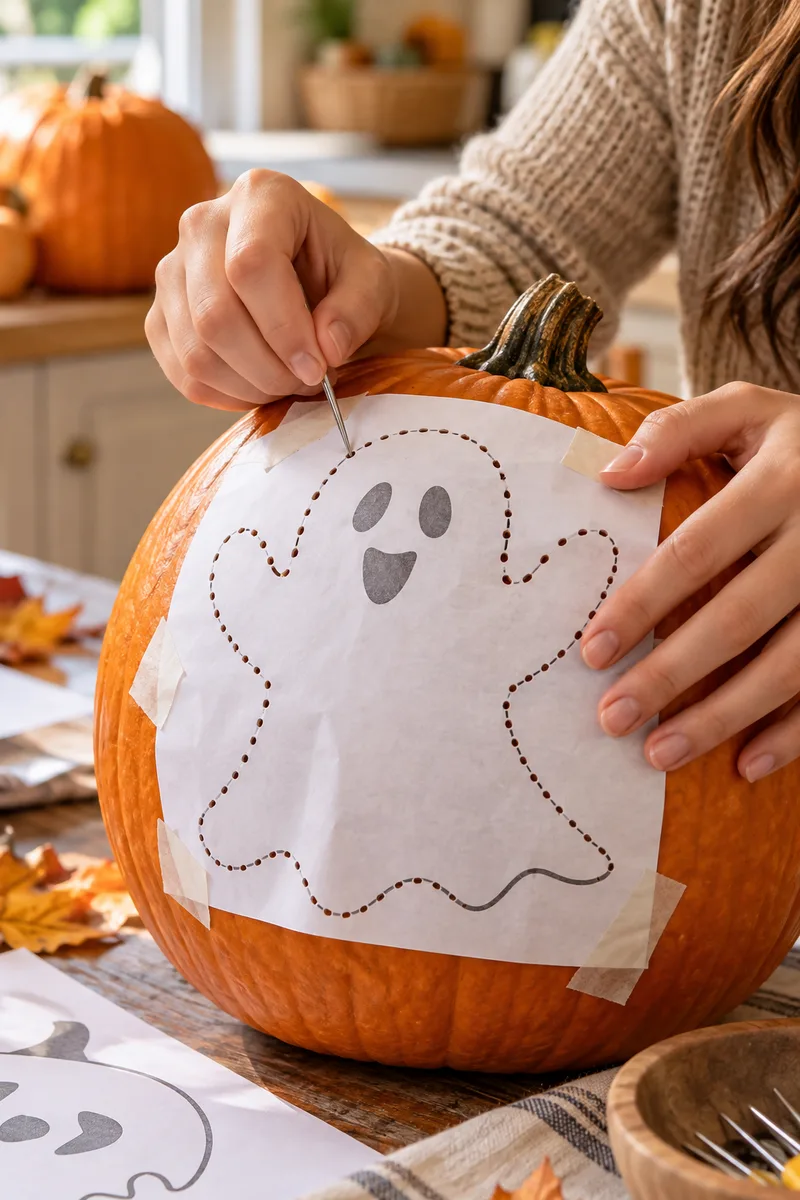 How to Carve a Halloween Pumpkin Step by Step 4 A close-up of hands poking small holes with a metal pin through a taped paper ghost design onto an orange pumpkin, dotted outline...
