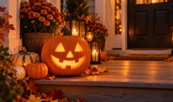 A finished glowing jack-o-lantern with a classic A finished glowing jack-o-lantern with a classic triangle-eyes grin sitting on wooden porch steps at dusk, warm light shining through...