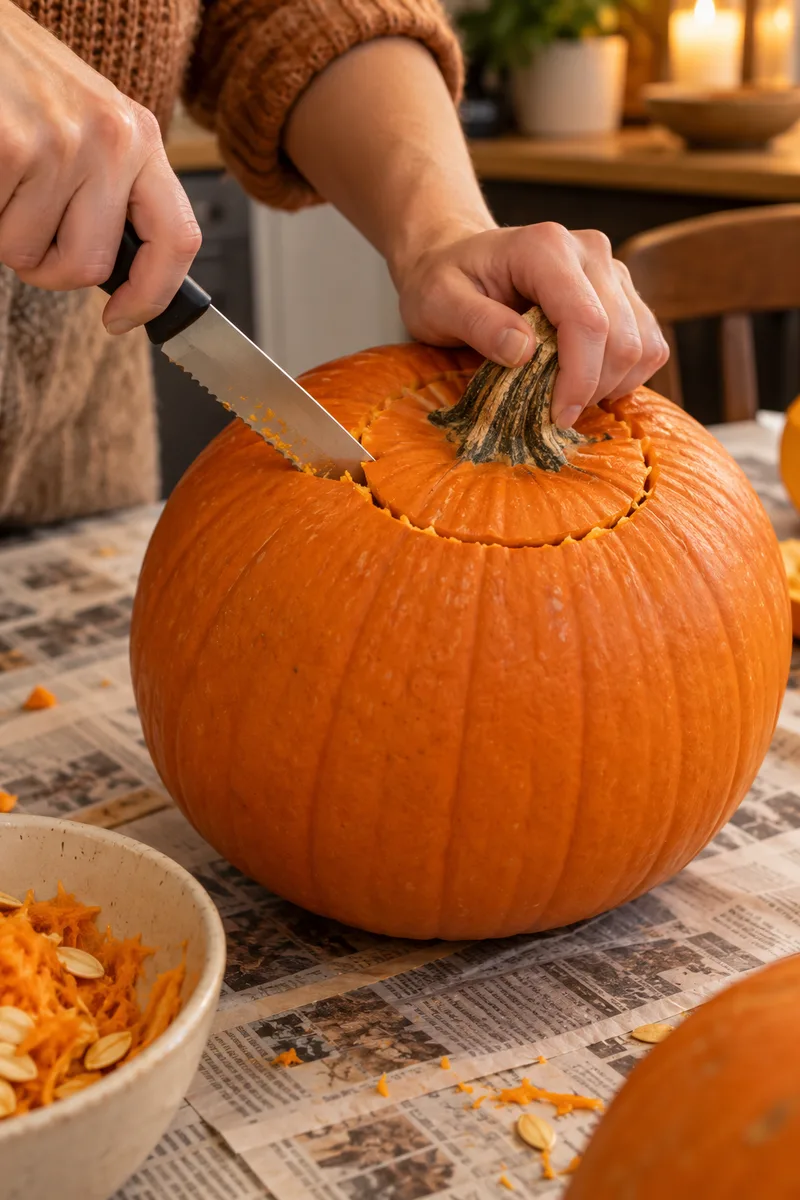 How to Carve a Halloween Pumpkin Step by Step 2 Hands sawing a circular lid around the stem of a pumpkin with a serrated kitchen knife tilted at an angle, on a newspaper-covered...