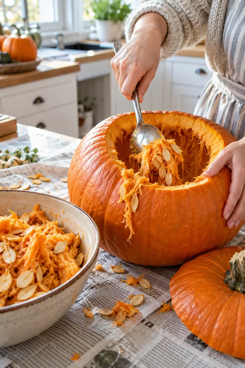 How to Carve a Halloween Pumpkin Step by Step 3 Hands scooping stringy pumpkin pulp out of a hollowed pumpkin with a large metal spoon, a bowl of pulp beside it on a newspaper-covered...