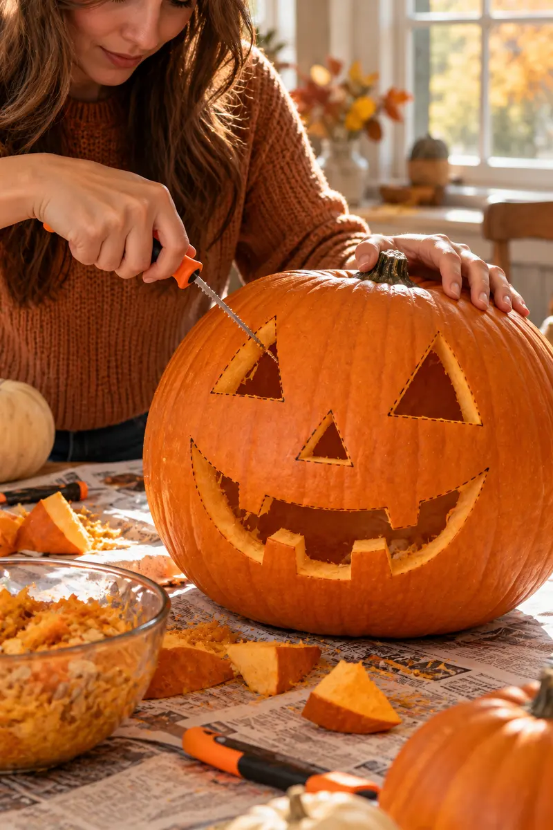 How to Carve a Halloween Pumpkin Step by Step 5 A mid-range shot of hands carving a jack-o-lantern face with a small pumpkin saw along a dotted line, pumpkin on a newspaper-covered...