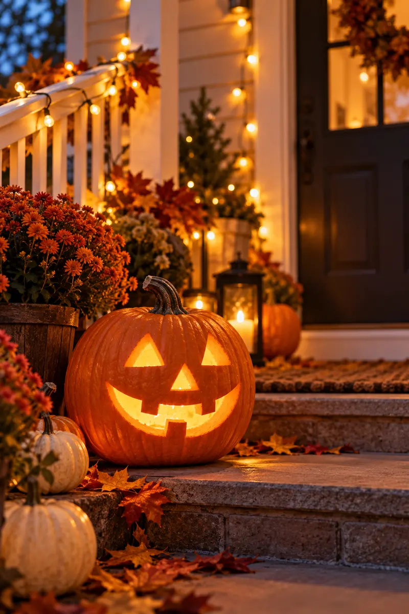 How to Carve a Halloween Pumpkin Step by Step 7 A vertical 2:3 realistic Pinterest-style lifestyle stock photo representing a finished jack-o-lantern on display. The scene features a...