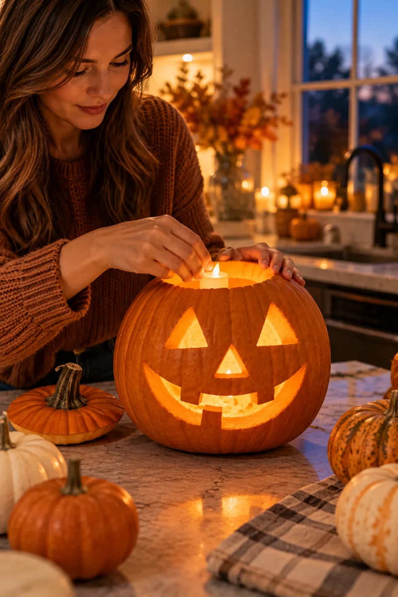 How to Carve a Halloween Pumpkin Step by Step 6 A vertical 2:3 realistic Pinterest-style lifestyle stock photo representing lighting a carved pumpkin from within. The scene features a...