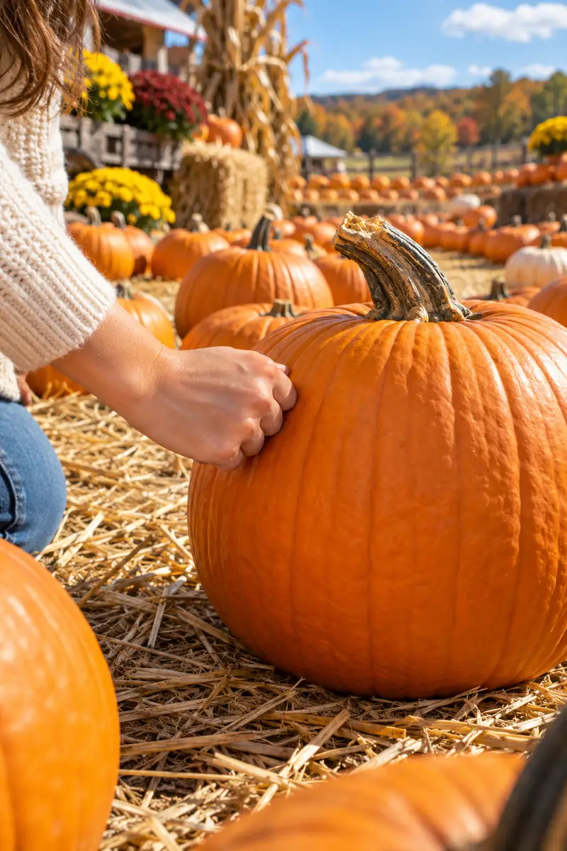 How to Carve a Halloween Pumpkin Step by Step 1 A woman's hand thumping a round orange pumpkin at a pumpkin patch, rows of pumpkins in the background, bright autumn daylight, cheerful...