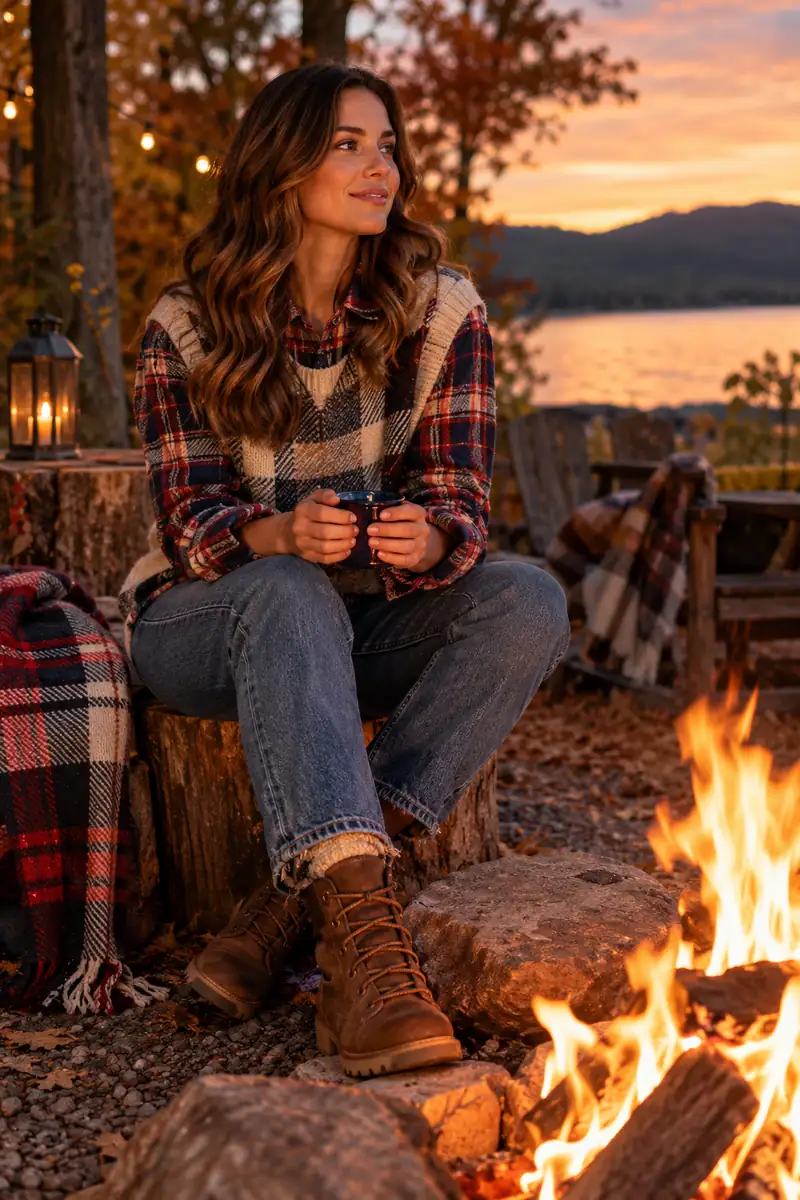 20 Casual Plaid Sweater Outfits for Cozy Weekends 9 Cozy flannel and plaid layers for a fall bonfire night