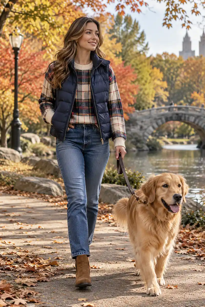 20 Casual Plaid Sweater Outfits for Cozy Weekends 7 Plaid sweater with a puffer vest and jeans for a dog walk