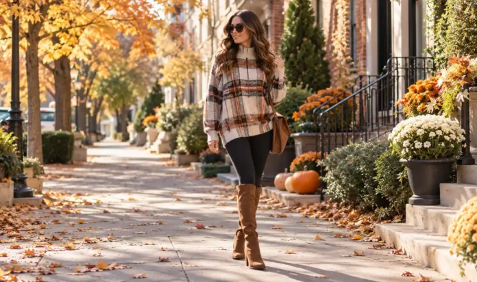 Casual Plaid Sweater Outfits Featured Woman in a cozy plaid sweater with leggings and boots on a fall weekend