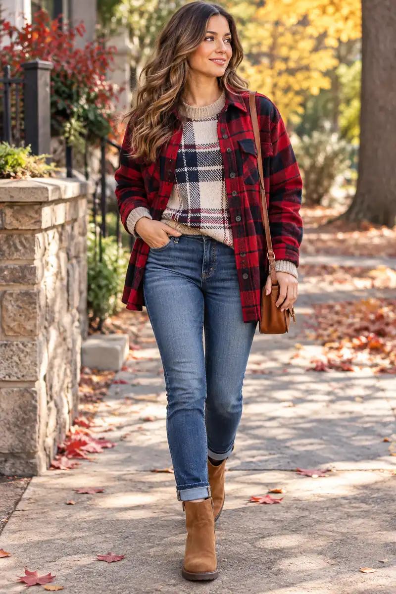 20 Casual Plaid Sweater Outfits for Cozy Weekends 2 Flannel shacket layered open over a plaid sweater for fall