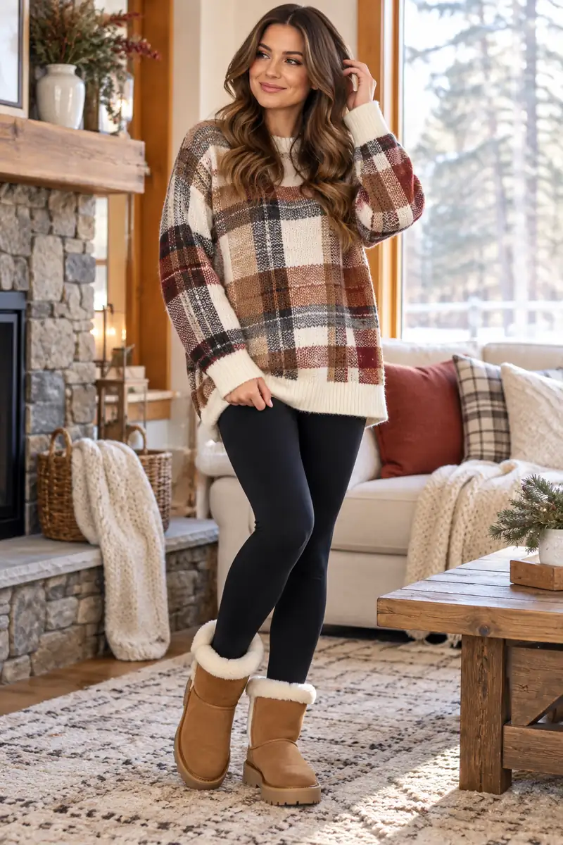 20 Casual Plaid Sweater Outfits for Cozy Weekends 1 Cozy plaid sweater with black leggings and warm winter boots