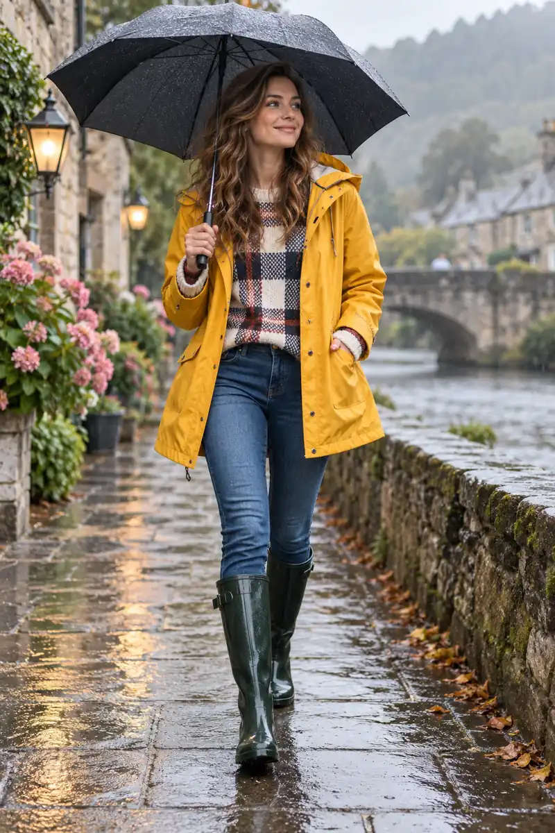 20 Casual Plaid Sweater Outfits for Cozy Weekends 5 Plaid sweater with a waterproof jacket and rain boots on a rainy day