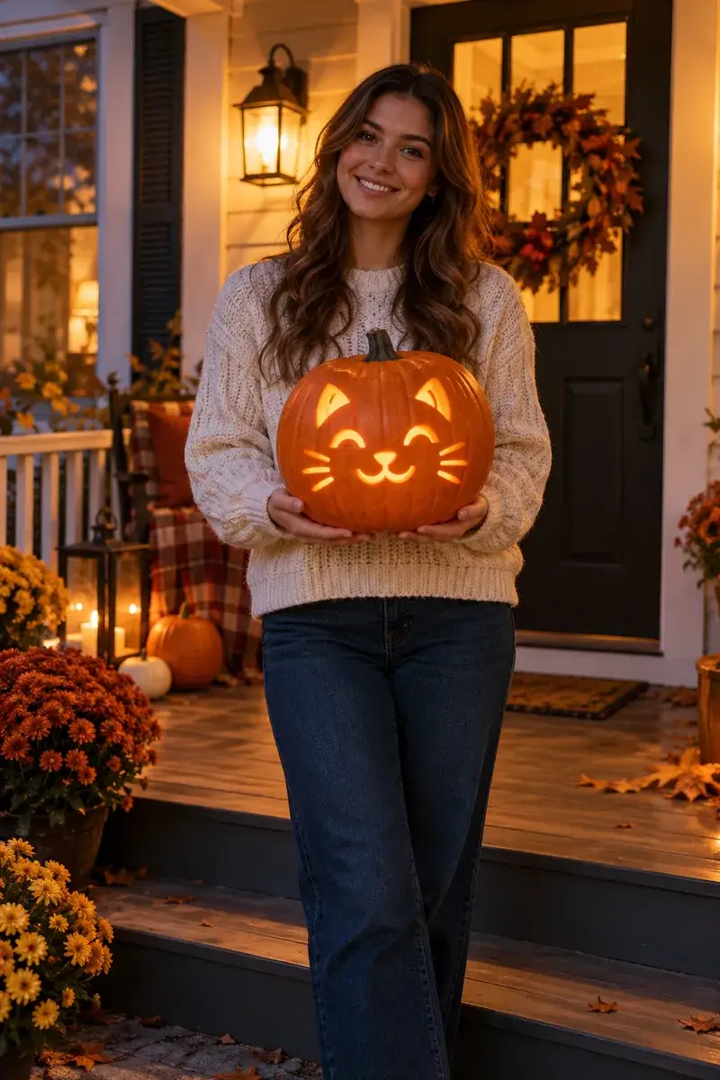 A smiling woman in a cozy sweater holding a carved pumpkin with a cute cat face, warm porch lighting