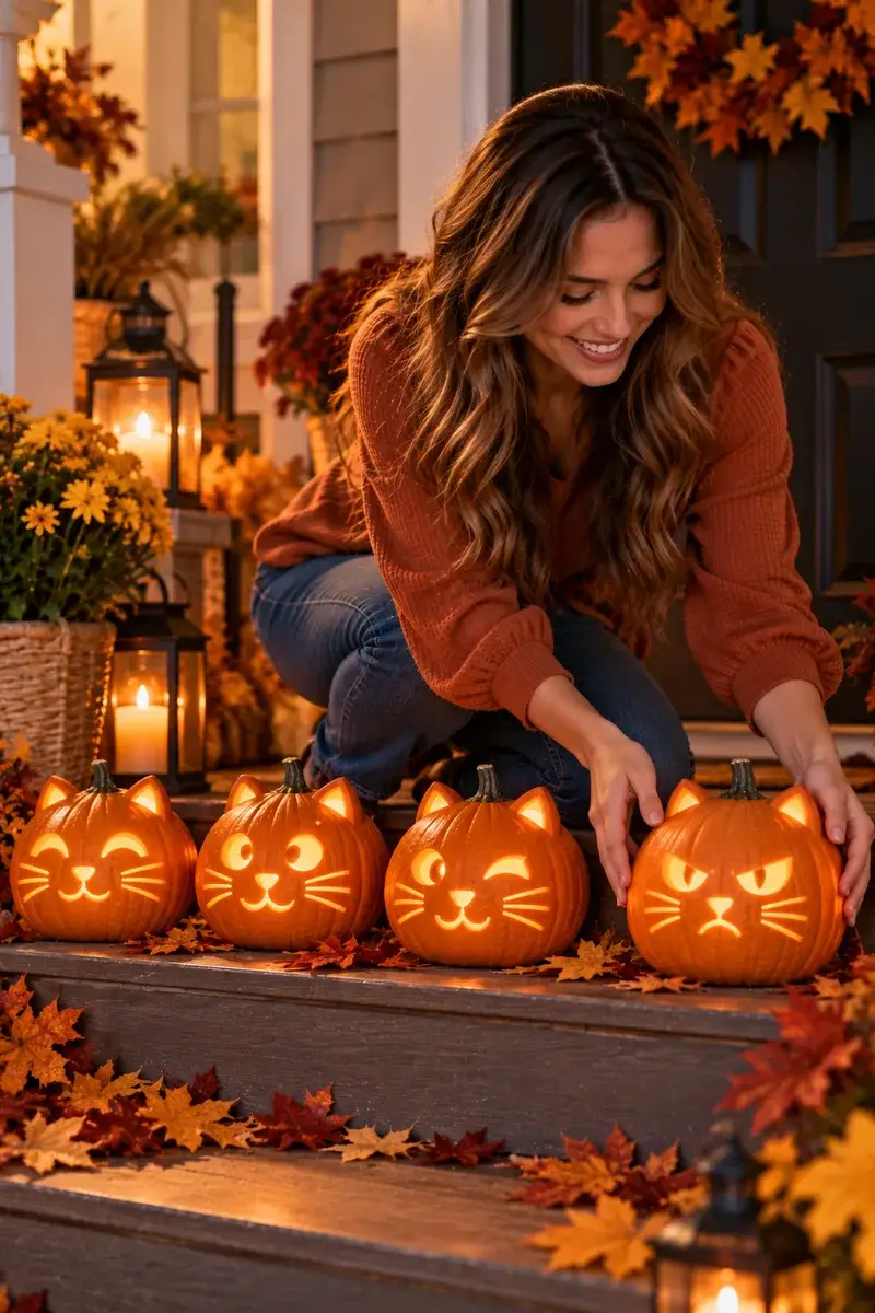 A woman in a modest long-sleeved top and jeans arranging a row of small pumpkins carved with different cat faces on a porch