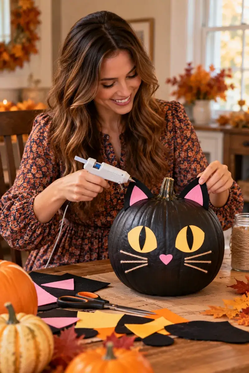 A smiling woman in a modest dress gluing felt cat ears onto a painted pumpkin at a craft table