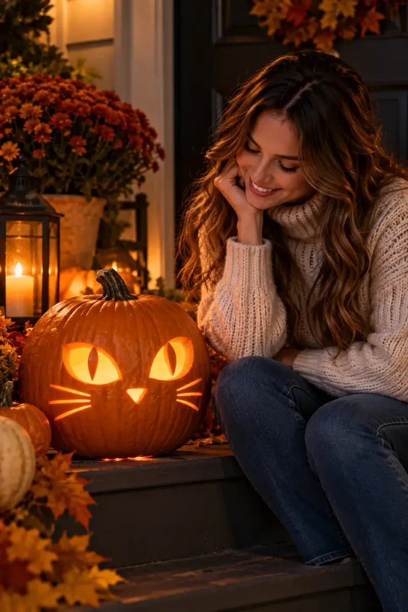 A woman in a cozy turtleneck sweater admiring a pumpkin carved with glowing amber cat eyes on a dark porch