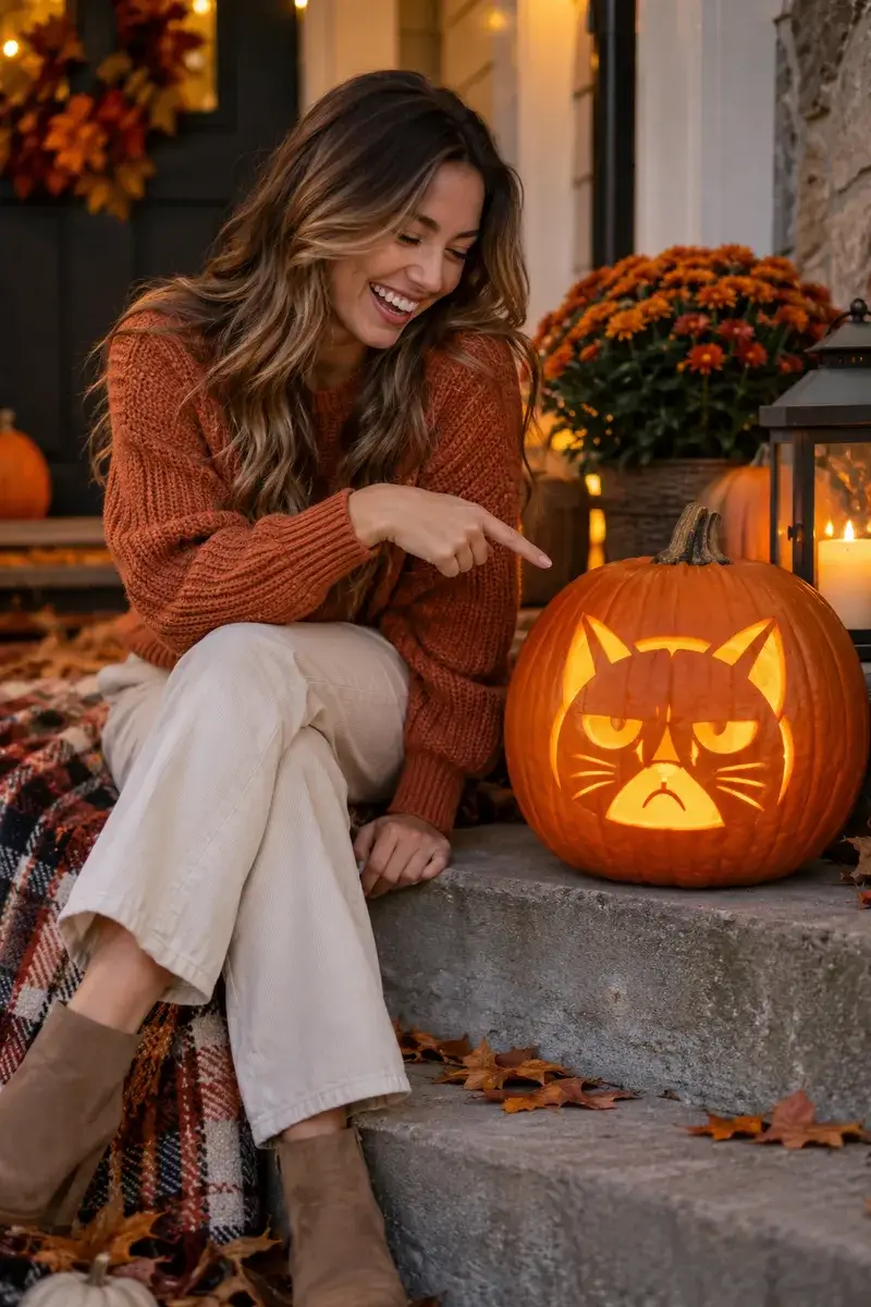 A laughing woman in a cozy sweater and long pants pointing at a pumpkin carved with a grumpy cat face