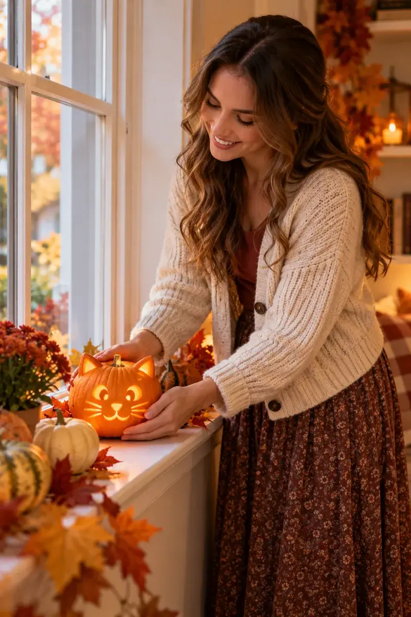 A young woman in a modest cardigan and long skirt placing a mini pumpkin carved with a kitten face on a windowsill