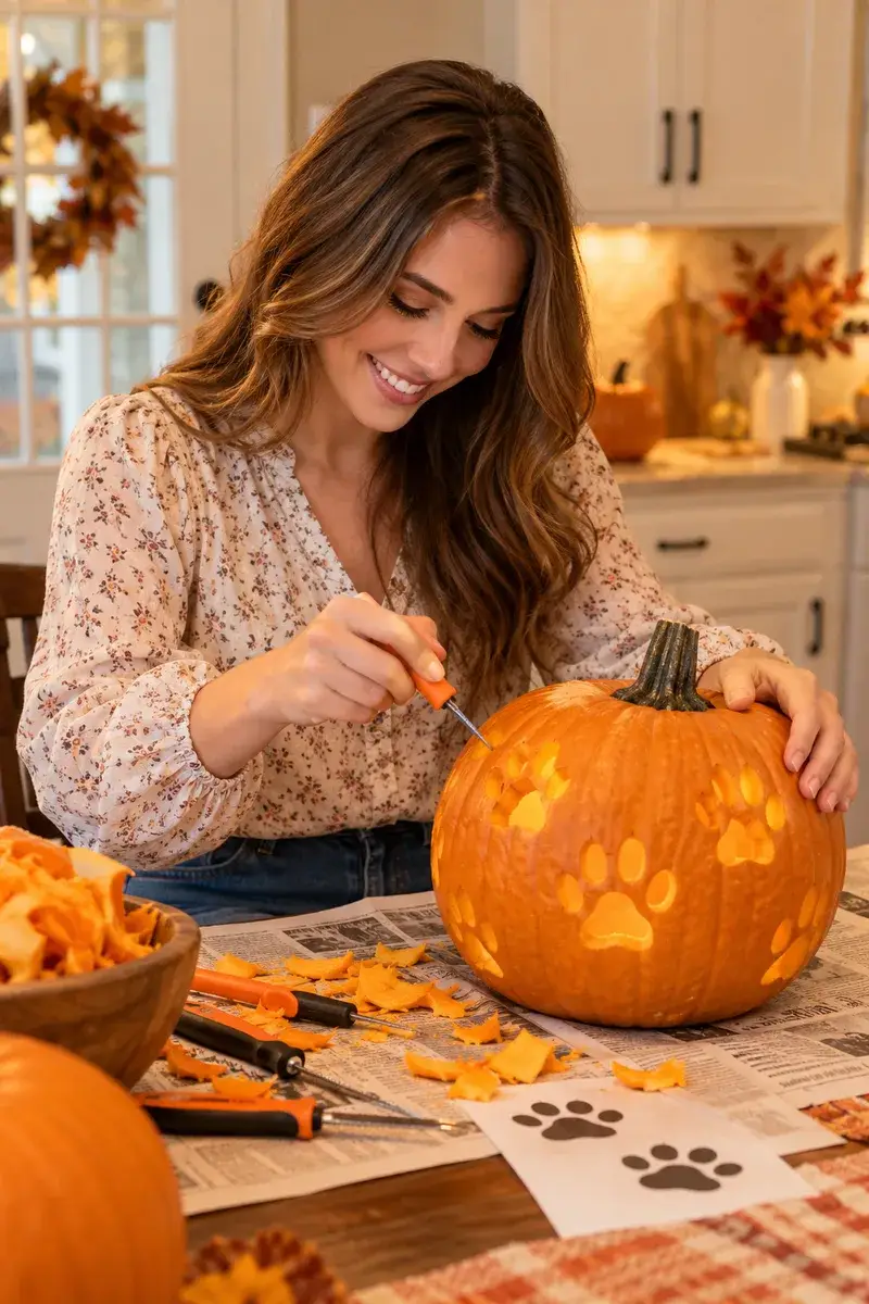 A woman in a long-sleeved blouse and jeans carving small paw print shapes into a pumpkin on a kitchen table
