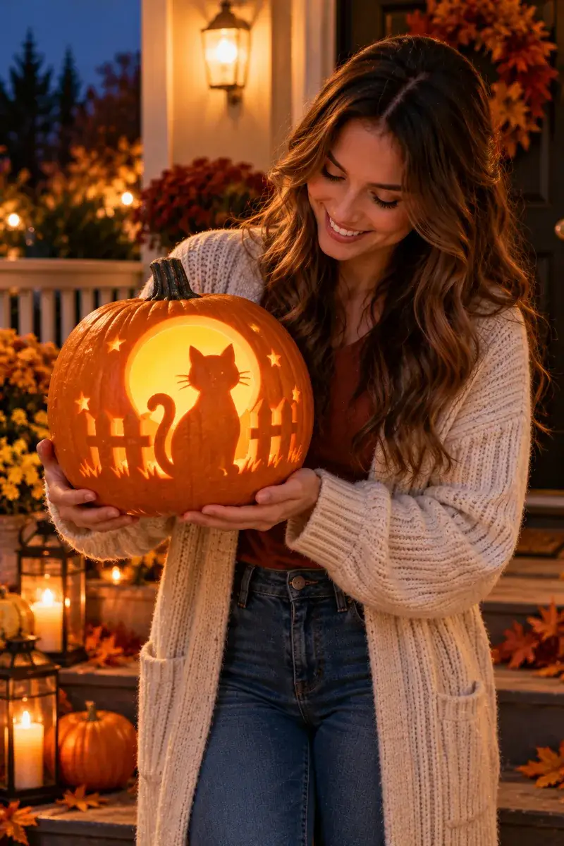 A woman in a long cardigan and jeans holding a pumpkin carved with a cat silhouette on a fence with a glowing moon