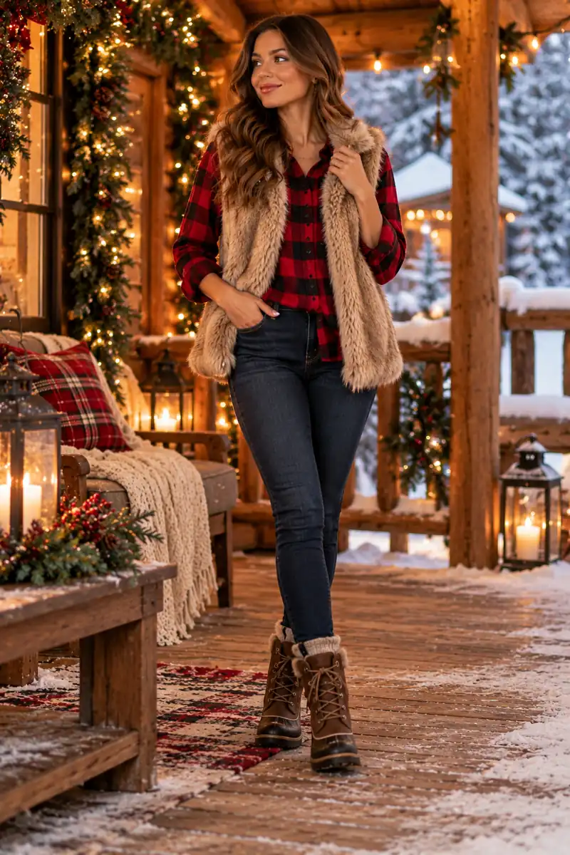 Woman wearing a red buffalo plaid flannel shirt with a faux fur vest layered over it, dark jeans and winter boots