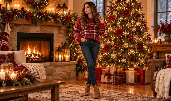 Woman in a red plaid sweater and dark jeans with boots in front of a Christmas tree with warm lights