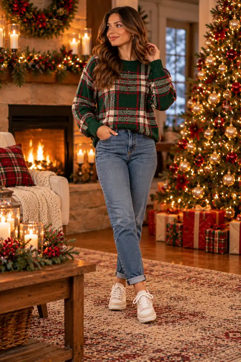 Woman in a green plaid sweater with cuffed medium-wash jeans and cream sneakers
