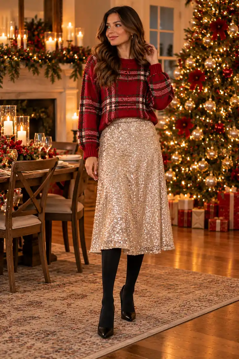 Woman in a red plaid sweater with a champagne sequin midi skirt, opaque black tights and black heels