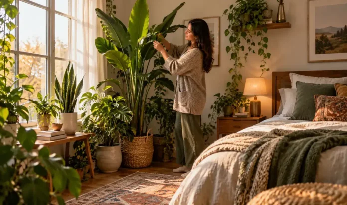 Woman arranging a tall plant in a bedroom corner with layered lush greenery
