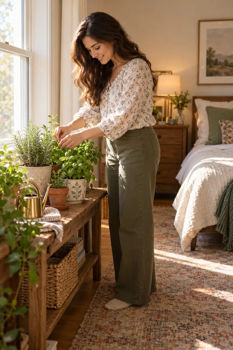 A smiling woman in a blouse tending small herb pots on a wooden bench in a sunny bedroom corner