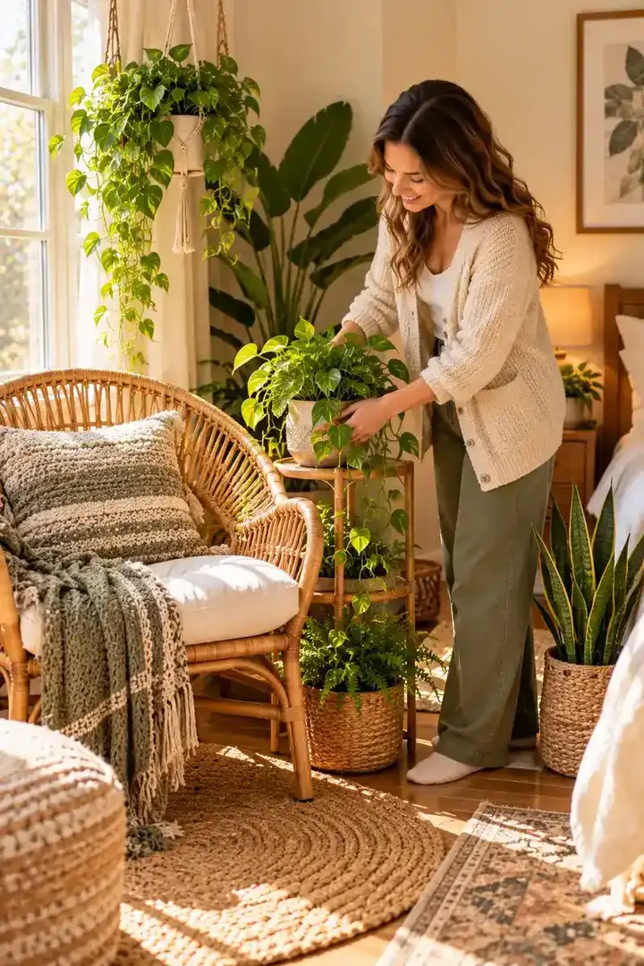 A woman in a cozy cardigan arranging plants around a rattan chair in a bohemian bedroom corner