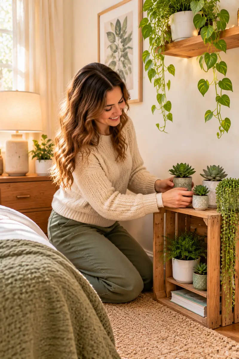A happy woman in a sweater placing tiny succulent pots on a wooden crate in a small bedroom corner