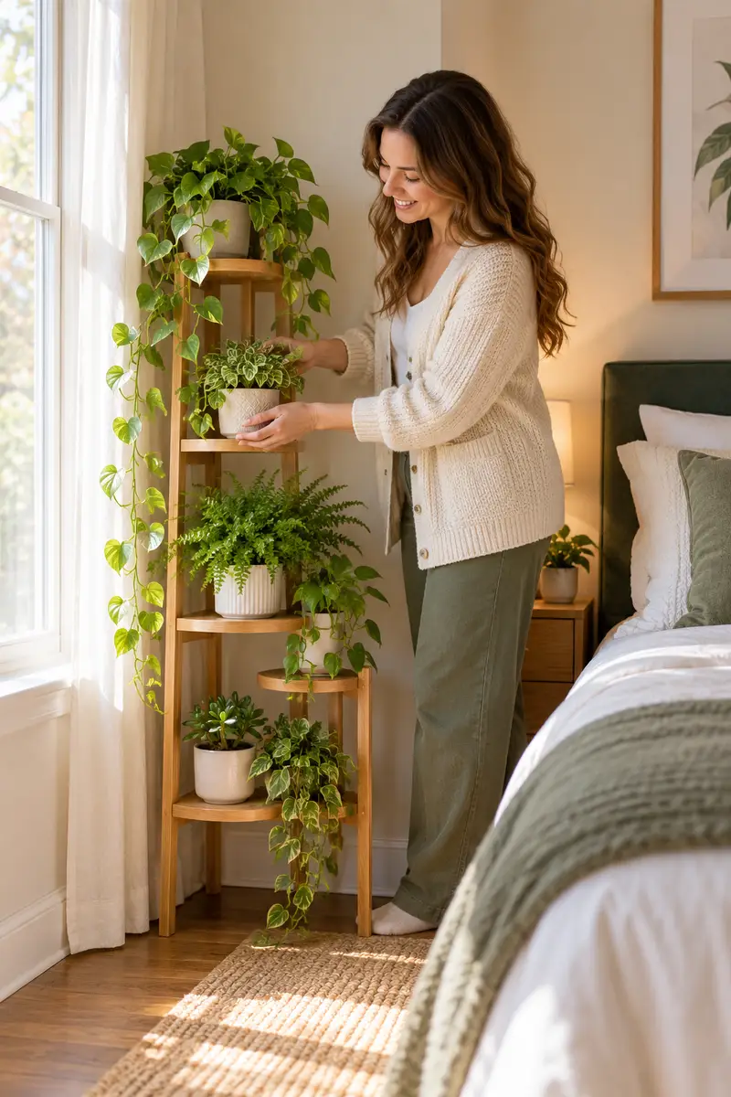 A smiling woman in a cozy sweater arranging small potted plants on a tiered wooden corner stand in a bright bedroom