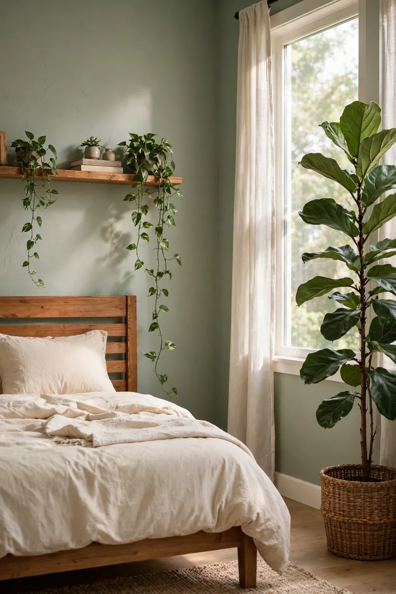 A bedroom corner with a tall fiddle-leaf fig in a woven basket beside a sunlit window, pothos vines trailing from a shelf above a wooden...