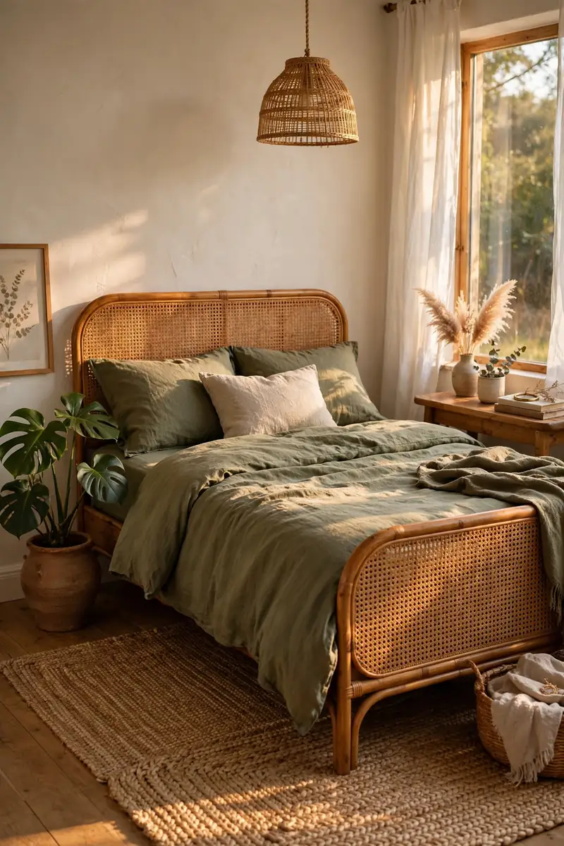 A bedroom with a rattan cane bed frame, olive green linen bedding, a monstera in a clay pot beside the bed, jute rug underfoot, warm...