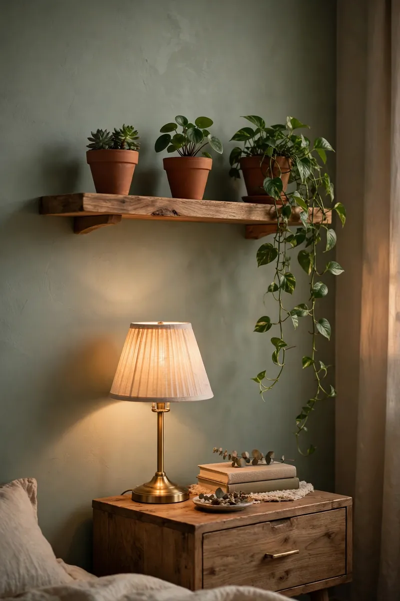 A floating wooden shelf mounted above a nightstand holding three small potted plants in matching clay pots, one trailing pothos spilling...