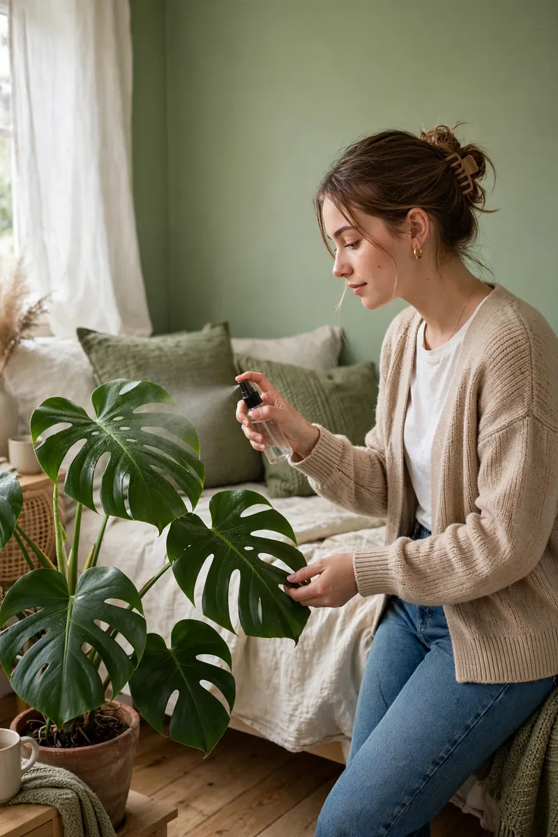 A modestly dressed young woman in a beige cardigan and jeans misting the leaves of a large monstera in a simple clay pot, olive and moss...