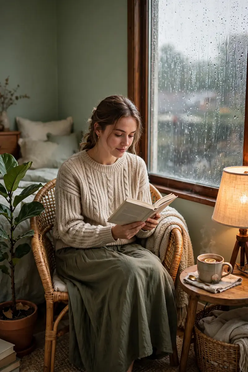 A modestly dressed young woman in a cozy knit sweater and long skirt reading a book in a rattan armchair by a rain-streaked window,...