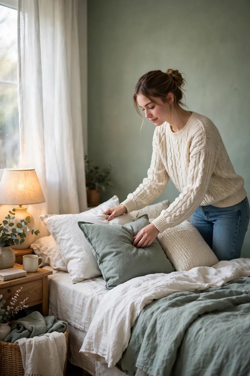 A modestly dressed young woman in a cream knit sweater and jeans arranging pillows on a bed set against a soft sage green accent wall,...