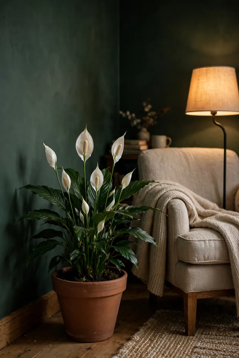 A peace lily with white blooms in a terracotta pot brightening a dim bedroom corner beside a reading chair, deep green walls, soft floor...