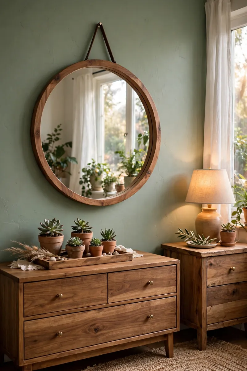 A round wooden mirror hanging above a dresser, reflecting bedroom plants and a window, small succulents in clay pots on a wooden tray,...