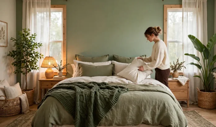 A wide view of a cozy green bedroom: sage green accent wall behind the bed, layered olive and cream linen bedding, chunky knit throw in...