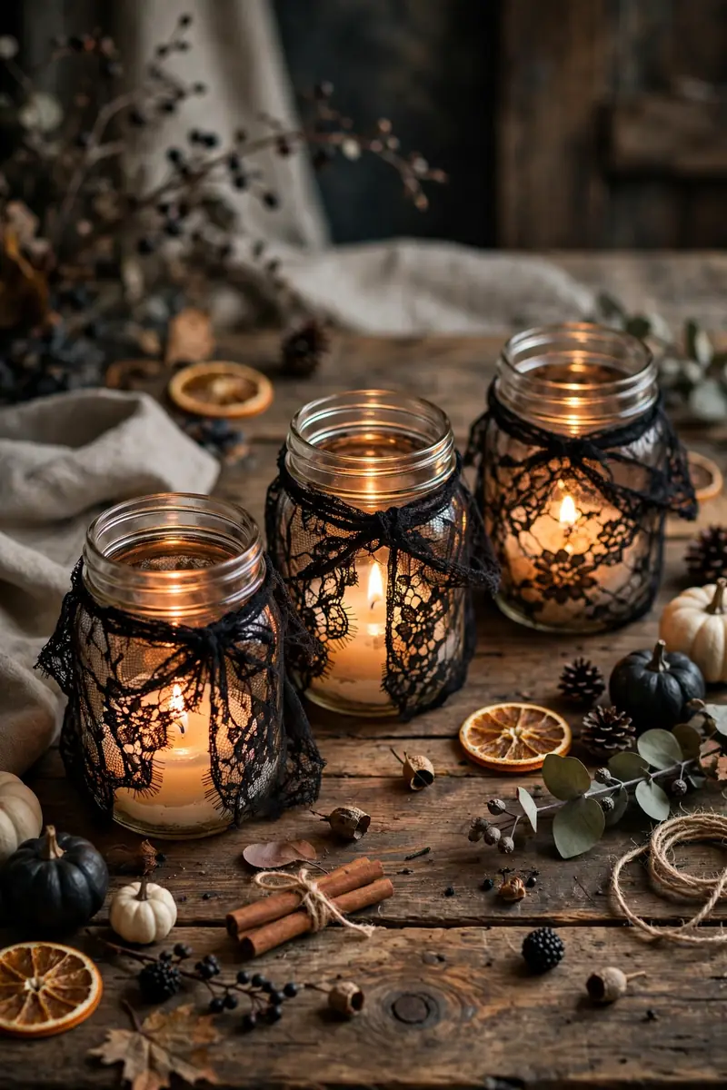 Black lace mason jar candle holders glowing