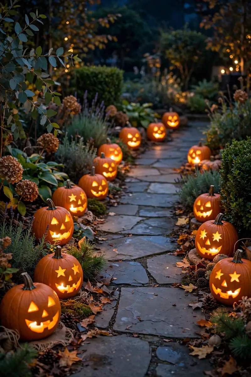 Candlelit pumpkin pathway markers along a walkway