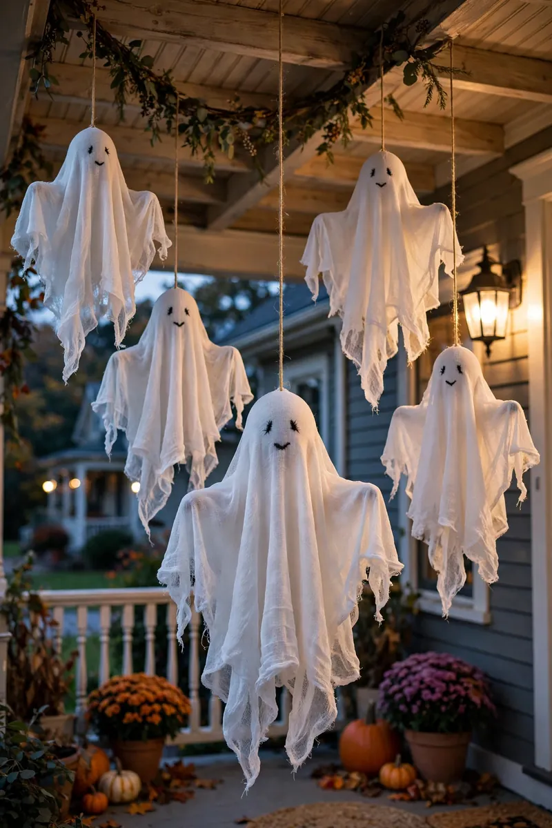 Floating cheesecloth ghosts decorating a front porch