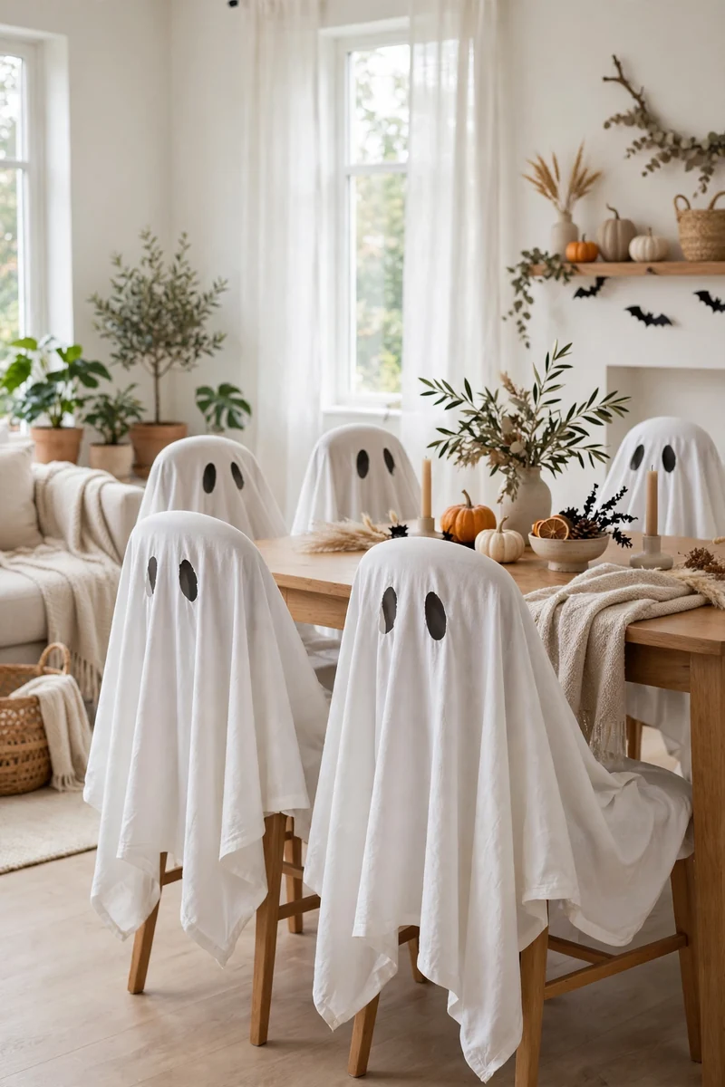 Ghostly draped chair covers in a dining room