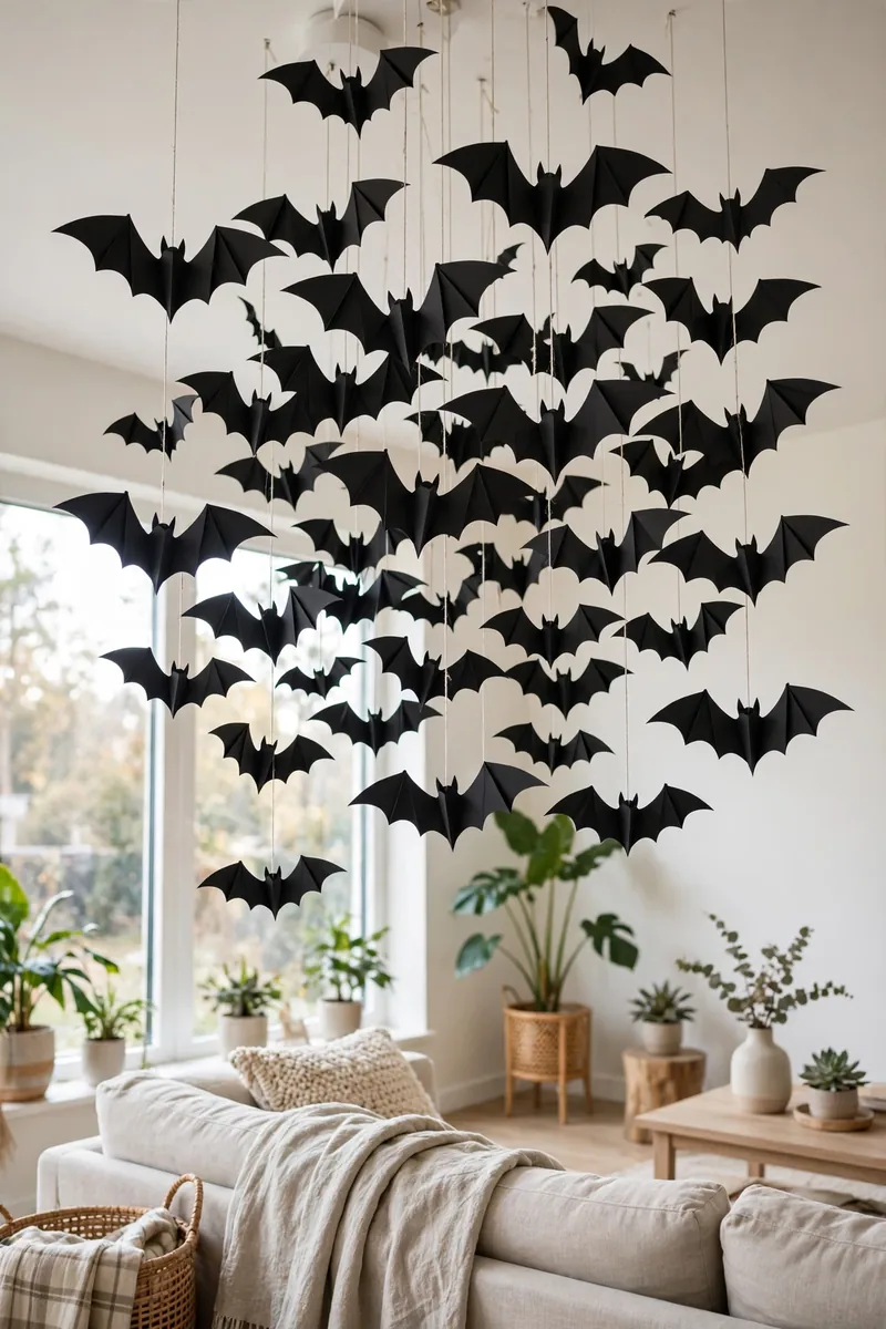 Paper bat colony hanging from a ceiling
