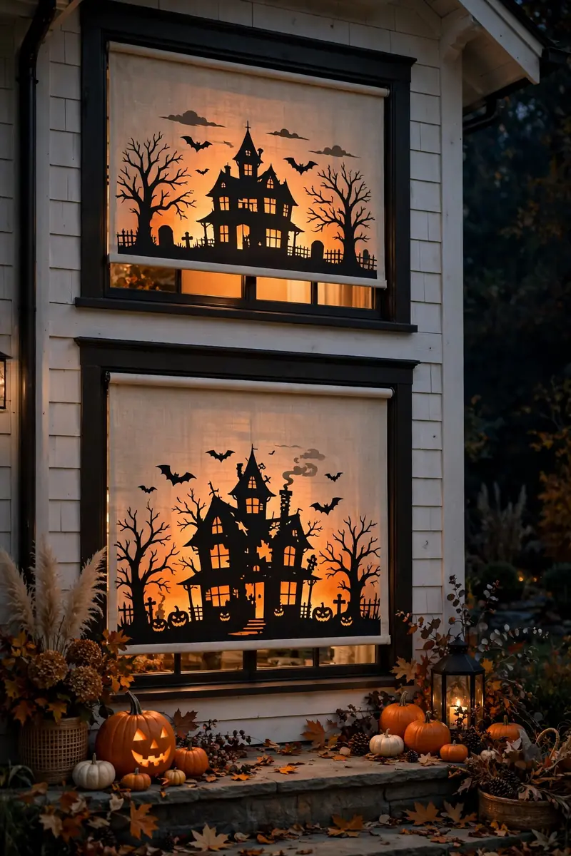 Haunted house silhouette window shades backlit at night