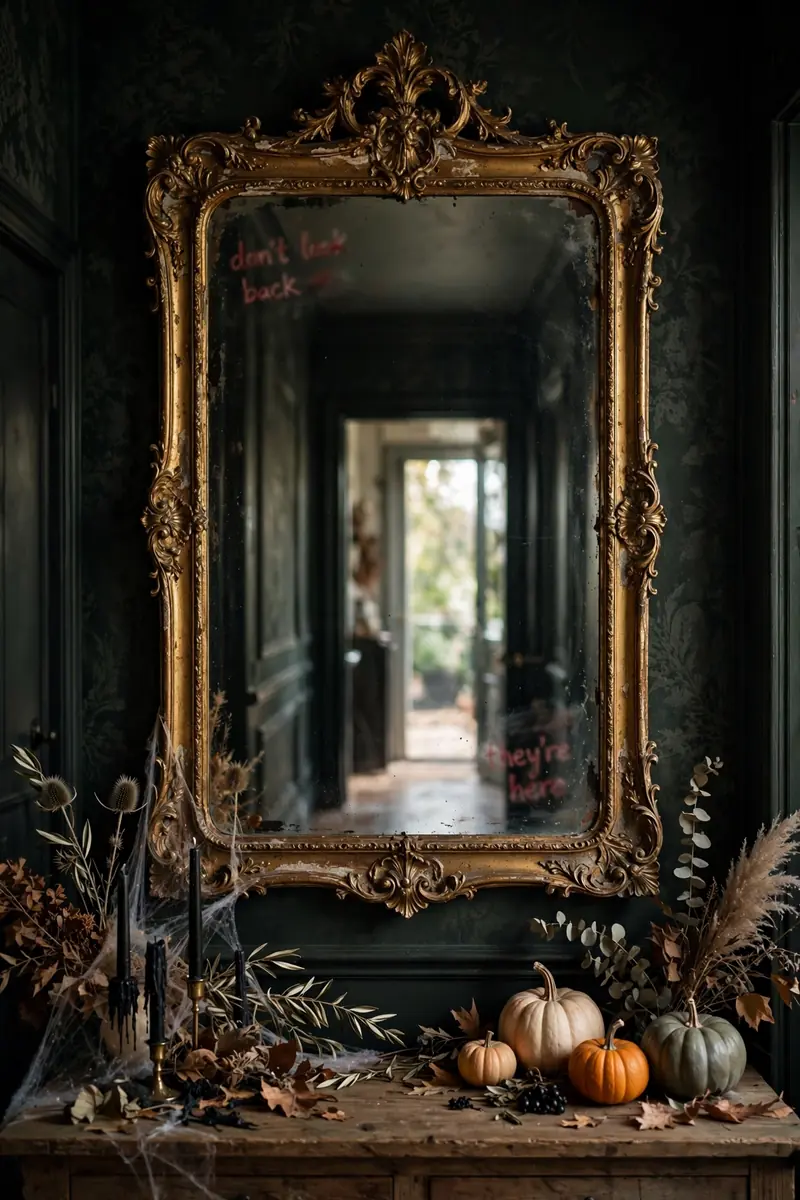Haunted mirror with eerie handwritten messages