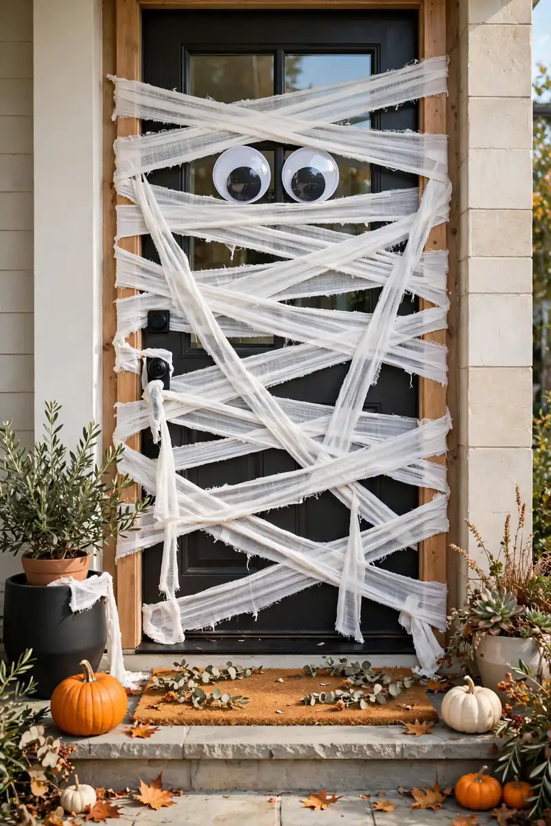 Front door wrapped like a mummy with googly eyes