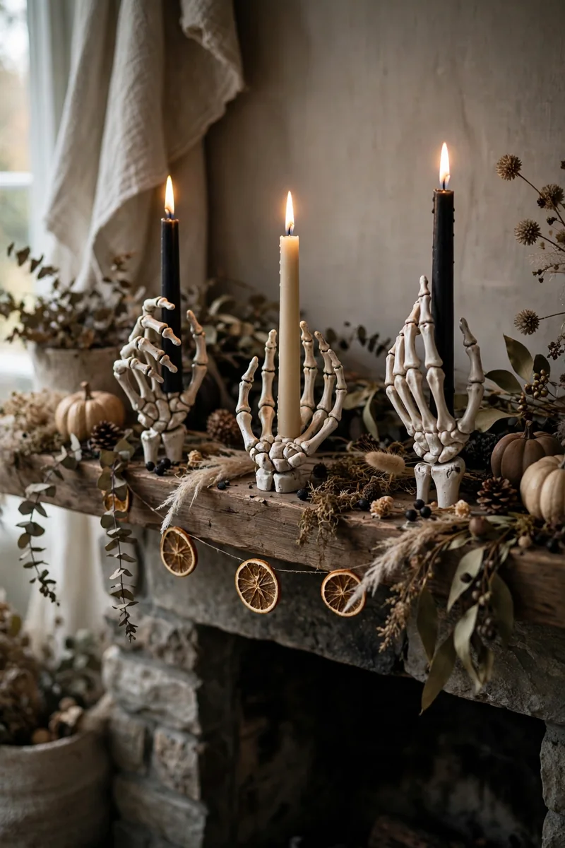 Skeleton hand candle holders on a mantel