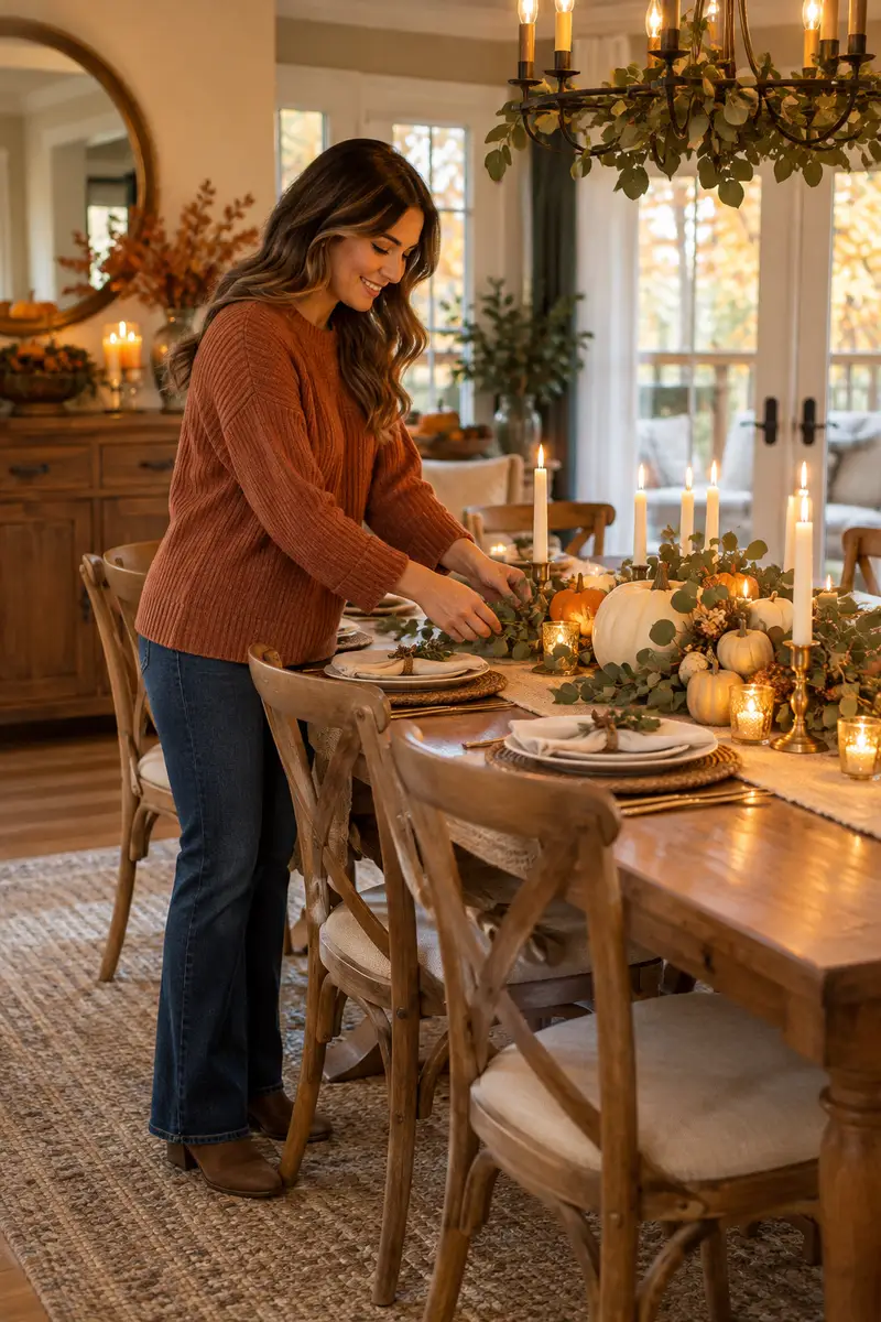 A woman in a cozy rust-colored sweater arranging a eucalyptus and pumpkin centerpiece on a Thanksgiving table A woman in a cozy rust-colored sweater arranging a eucalyptus and pumpkin centerpiece on a Thanksgiving table